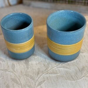 Tea Cups Crackled Pottery Blue‎ and Bamboo Wrapped. Sake Or Tea. Set of 2